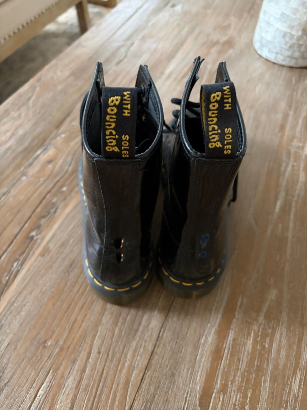 Dr. Martens Black Patent Lace-Up Boots with Yellow Stitching - Picture 2 of 5